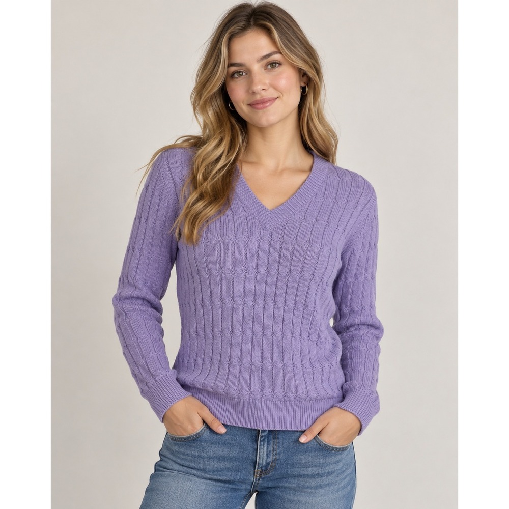 Lands End V-Neck Sweater Women M Purple Cable Knit Cotton Preppy Classic Pastel